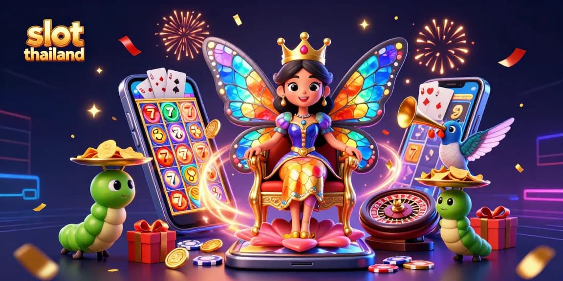 Experience slot thailand gaming with vibrant 3D illustration of a butterfly queen amidst chips, smartphones, and golden coins.