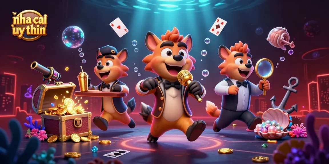 Engaging scene of a nha cai uy tin featuring hyenas running a comedy casino club with vibrant elements
