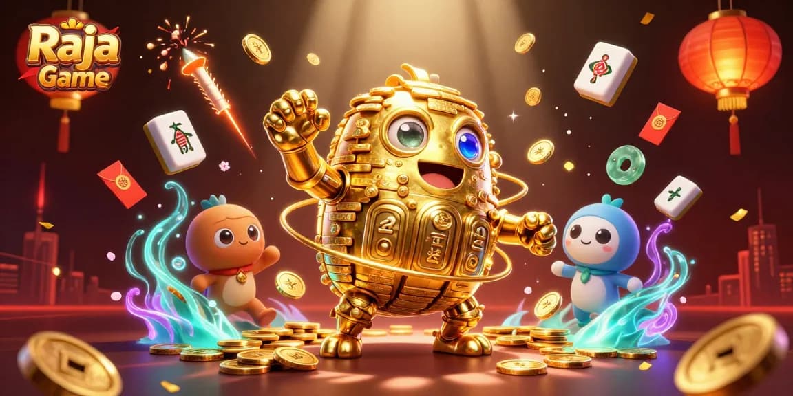 Experience Raja Game with a dynamic illustration showcasing a golden golem and vibrant game elements.