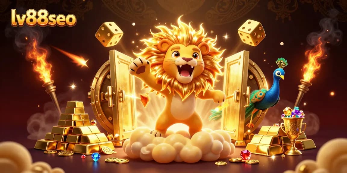 Experience thrilling gameplay with lv88seo showcasing a roaring lion amidst gold treasures in a vibrant casino atmosphere.