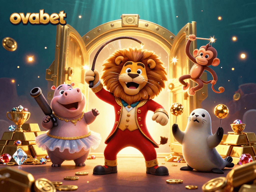 Experience thrilling jackpots with ovabet in this vibrant circus-themed casino illustration.