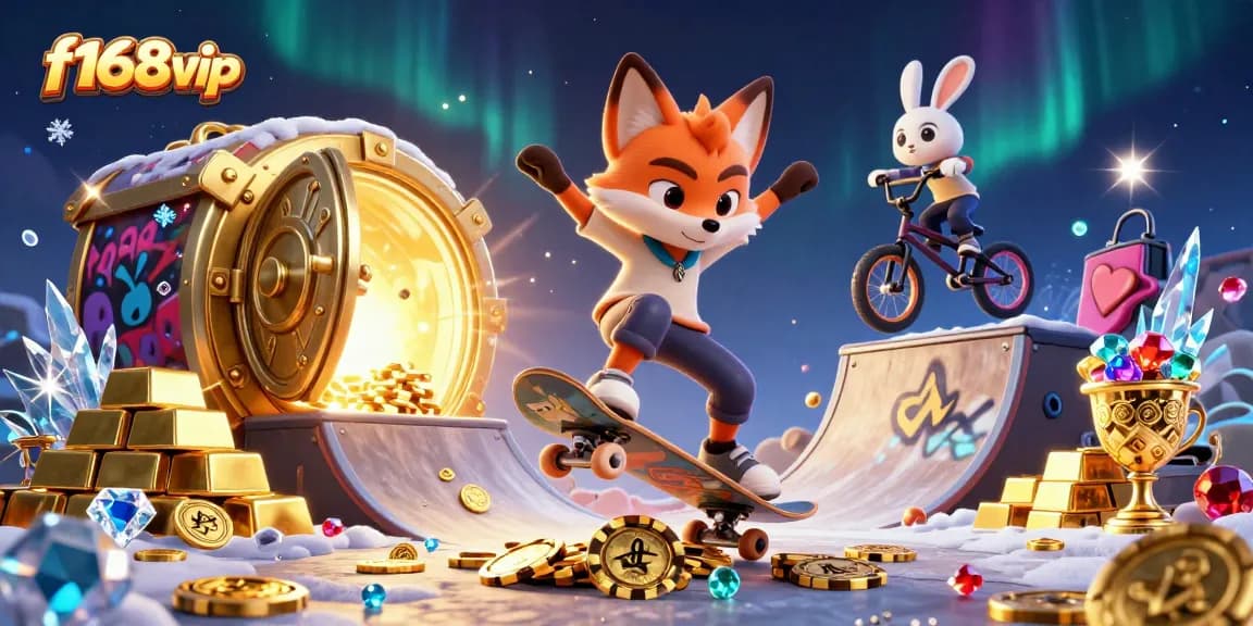 Experience thrills at f168vip with a skateboarder fox and BMX rabbit in a rich casino scene.