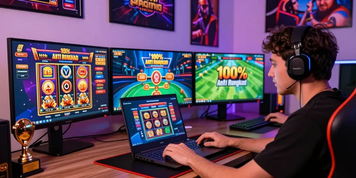 Player immersed in the GARUDA55 online gaming experience with multiple gaming displays and vibrant atmosphere.