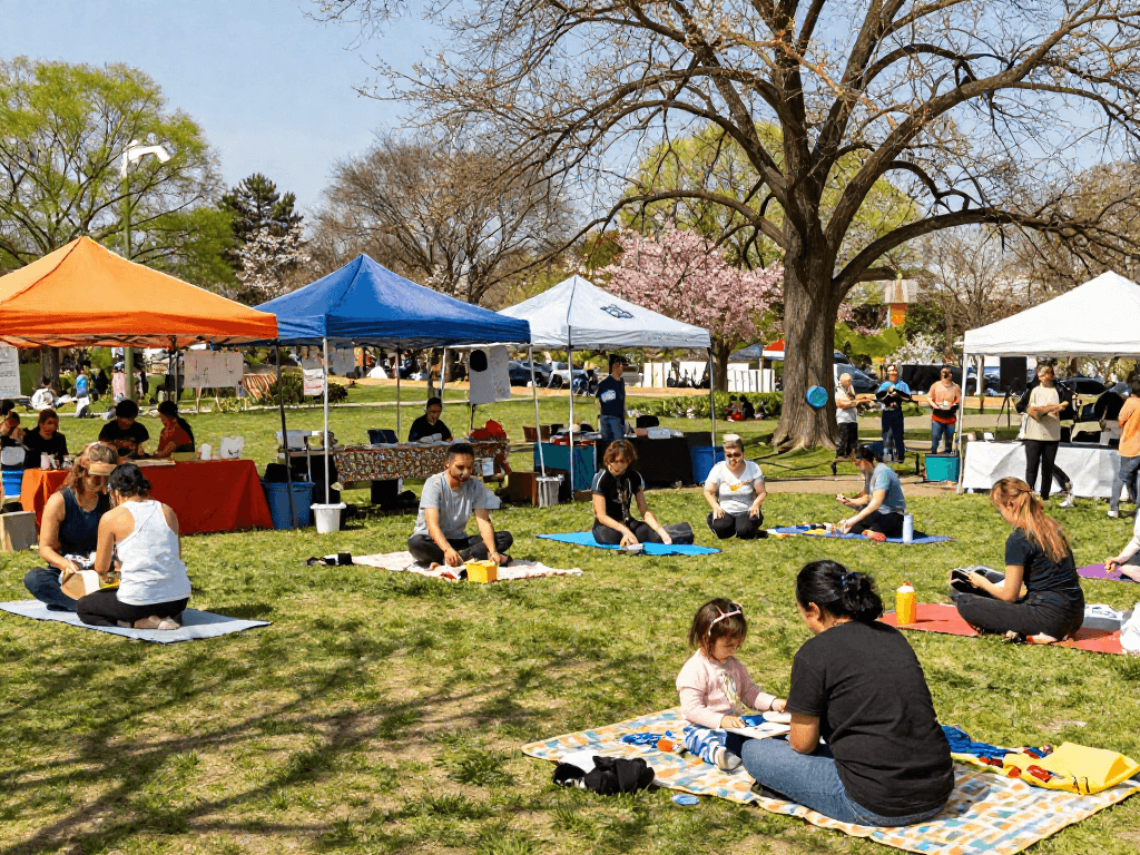 Community event at https://neam.org.uk with diverse individuals enjoying outdoor activities in a vibrant park.