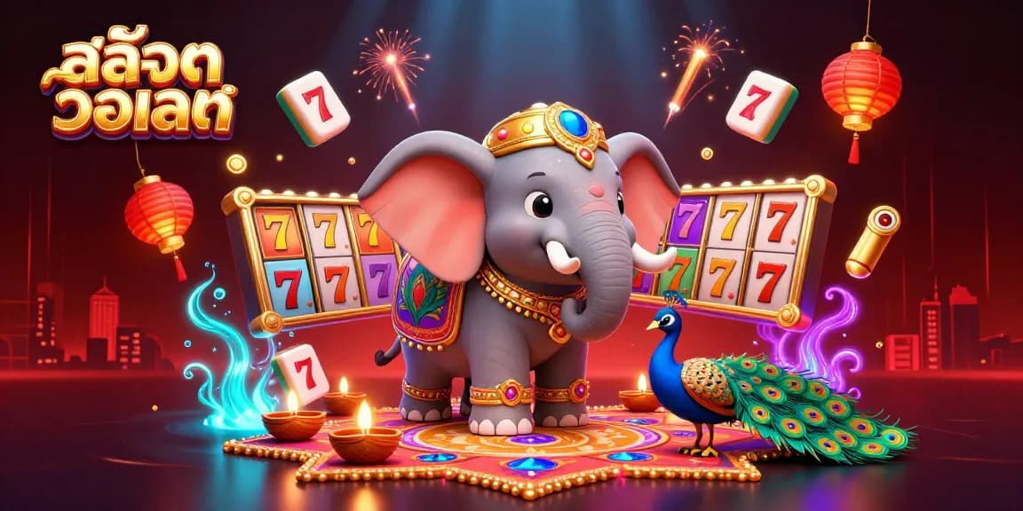 Engage with สล็อตวอเลท through a vibrant illustration featuring animated casino elements and festive characters.