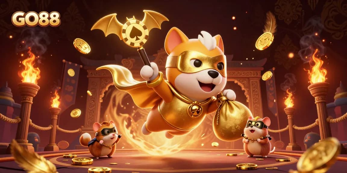 GO88 superhero dog flies with gold coins amidst vibrant casino elements, symbolizing excitement.