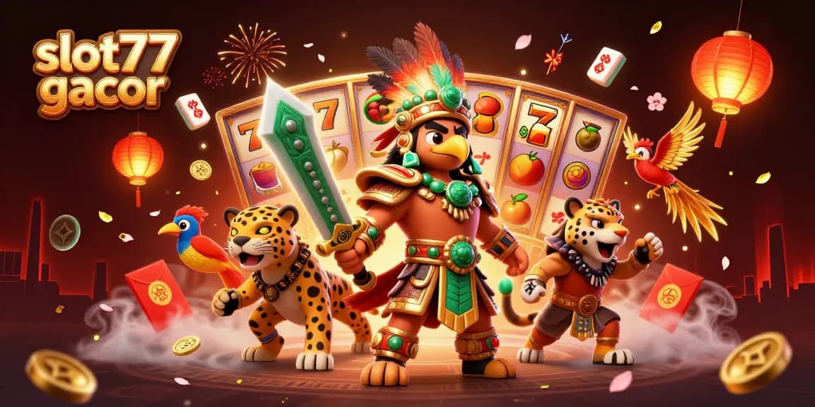 Engage with slot77 gacor through vibrant gaming symbols in an exciting casino illustration.