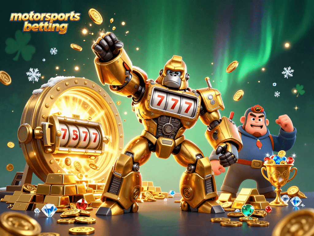 Launch into motorsports betting excitement with a golden gorilla mech amidst treasure and dynamic action.
