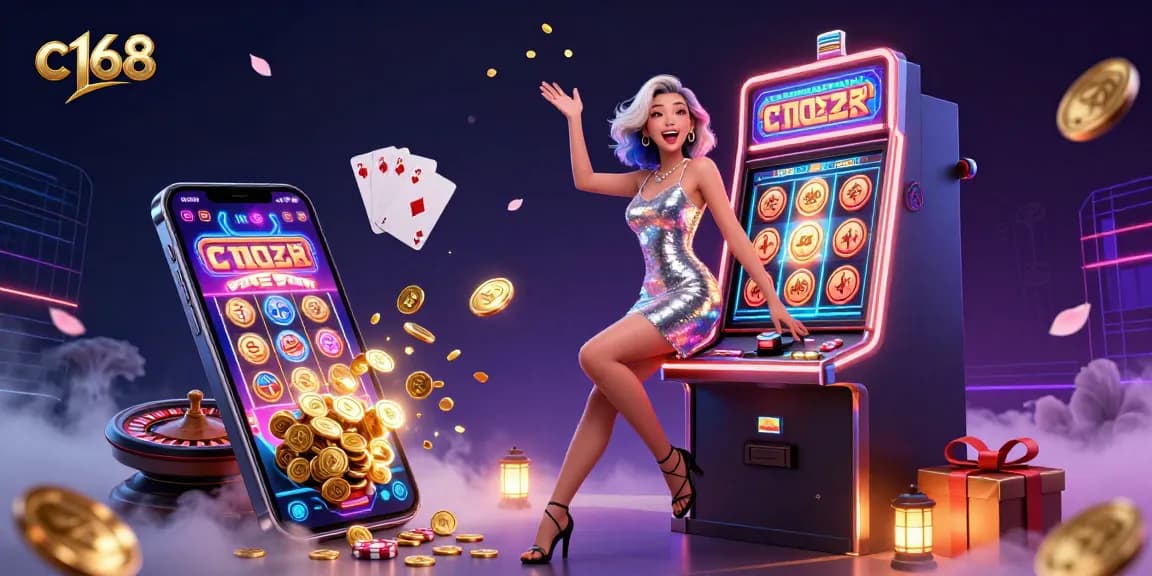 C168 casino scene depicting a celebratory player at a jackpot slot machine with dynamic game elements.