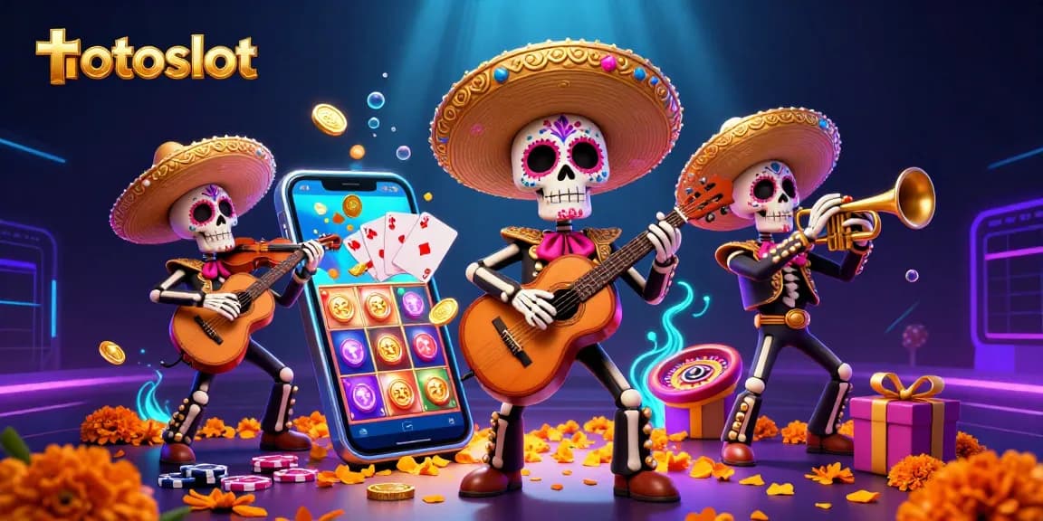 Spin and win with totoslot in this vibrant Day of the Dead-themed casino scene.
