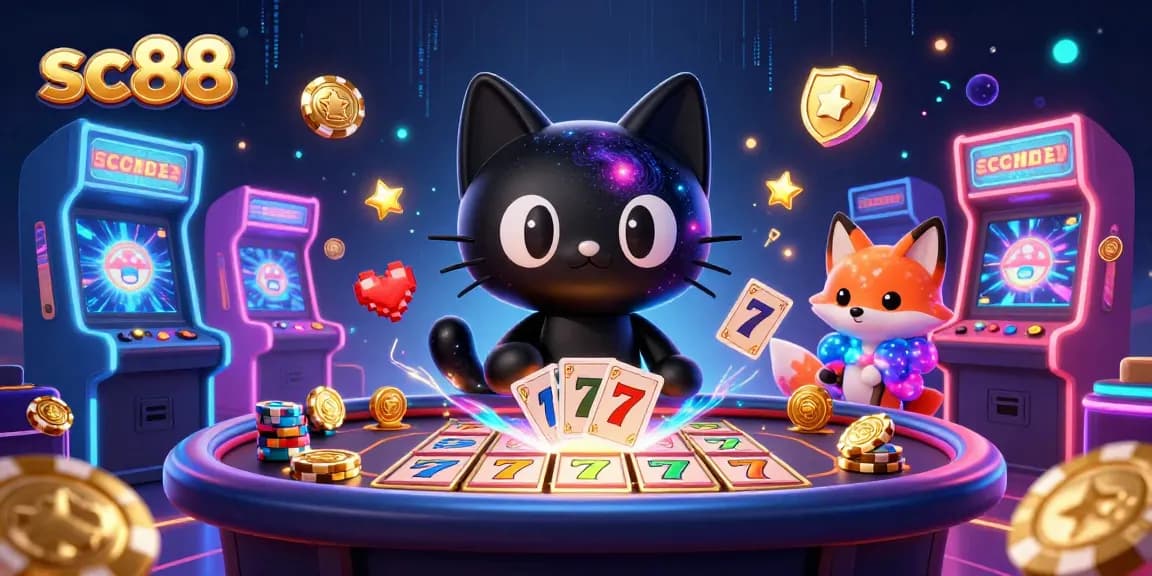 Join the cosmic fun at sc88's vibrant online casino, featuring a black hole cat and nebula fox amidst colorful gaming elements.