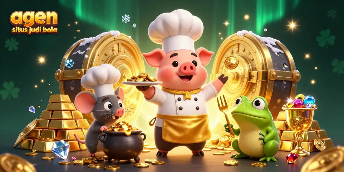 Engage with top agen situs judi bola through a vibrant 3D casino scene featuring characters and treasures.