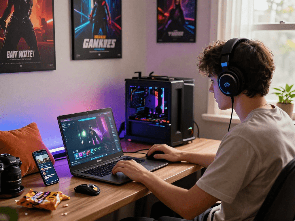 Engaging in mind control porn gameplay in a cozy workspace with vibrant decor and gaming elements.