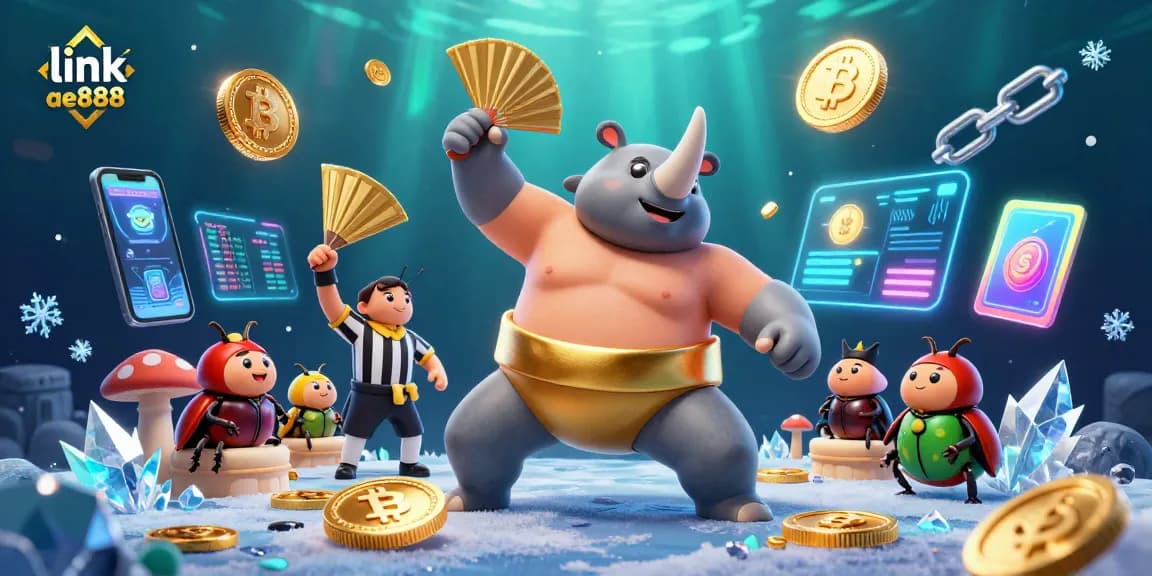 Engage with the exciting action of link ae888 as a sumo beetle champion celebrates winning coins amidst a vibrant casino scene.