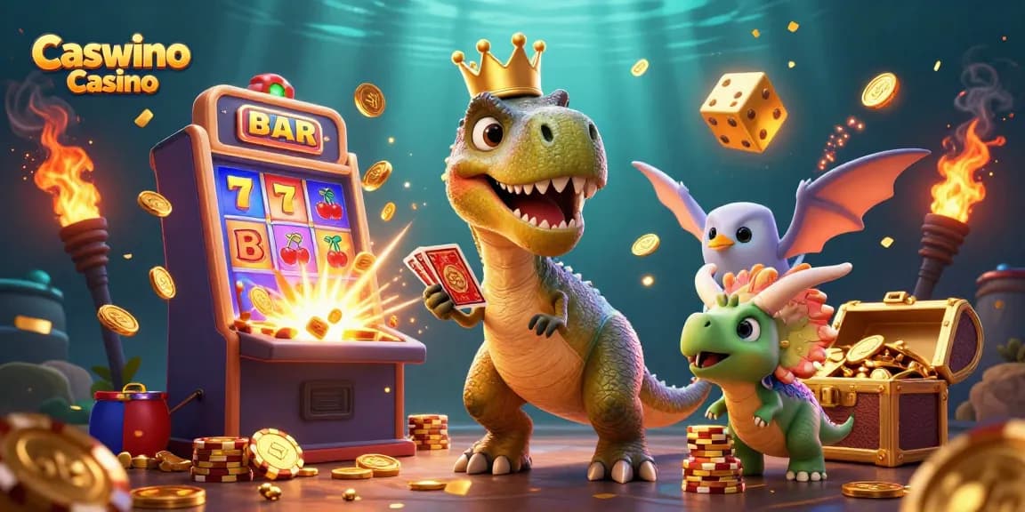 Spin big wins at Caswino Casino with a vibrant, fun-packed dinosaur gaming scene!