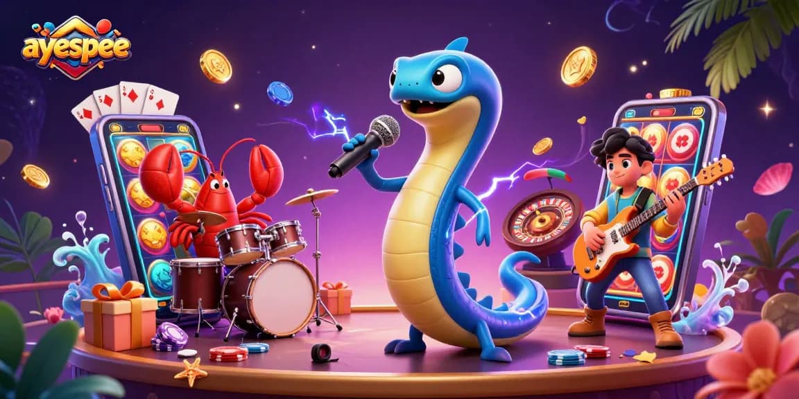 Aysepee menampilkan ilustrasi kartun 3D dengan ikan belut DJ dan band saat bermain game slot online.