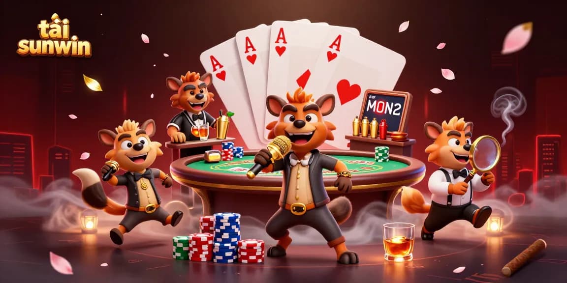 Engage with tải sunwin in a vibrant casino scene featuring hyenas and game elements.