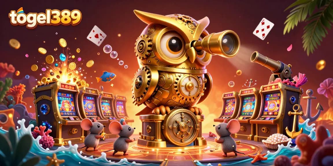 Join the excitement at togel389 with vibrant casino elements and engaging characters in this illustrative scene.