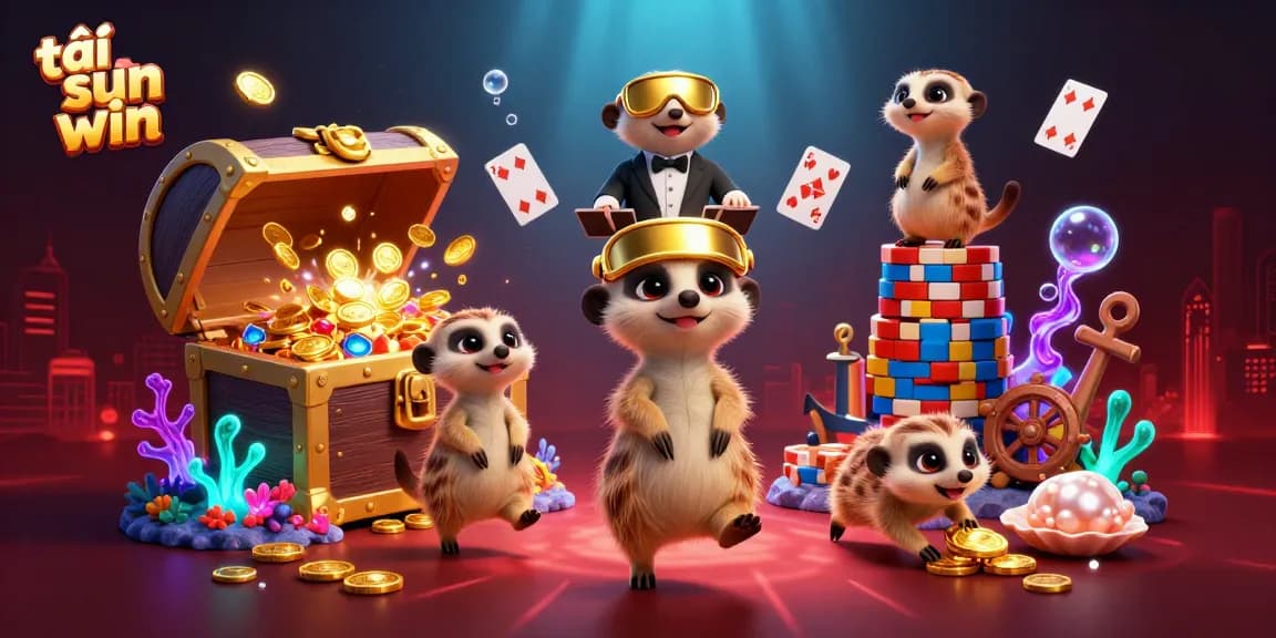 Play and win big with tải sun win in this vibrant casino scene featuring meerkats in action.