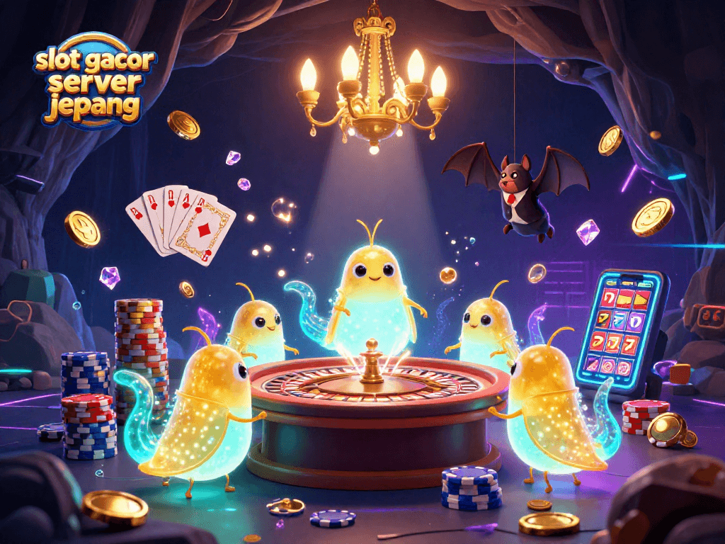 Spin the thrilling "slot gacor server jepang" with vibrant glowworms illuminating a dazzling cave casino scene filled with treasures.