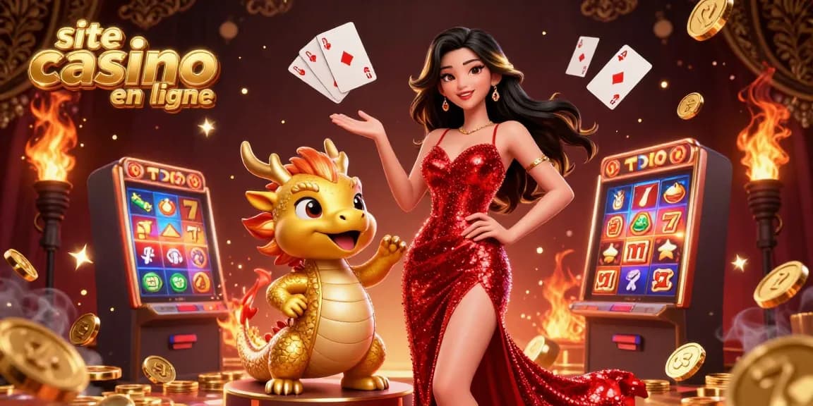 Découvrez l'excitation du site casino en ligne avec une illustration époustouflante mettant en scène une femme glamour et une mascotte dorée.