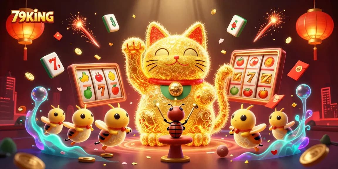 Experience luck and fortune with 79KING, a vibrant 3D scene featuring a lucky cat and slot reels.