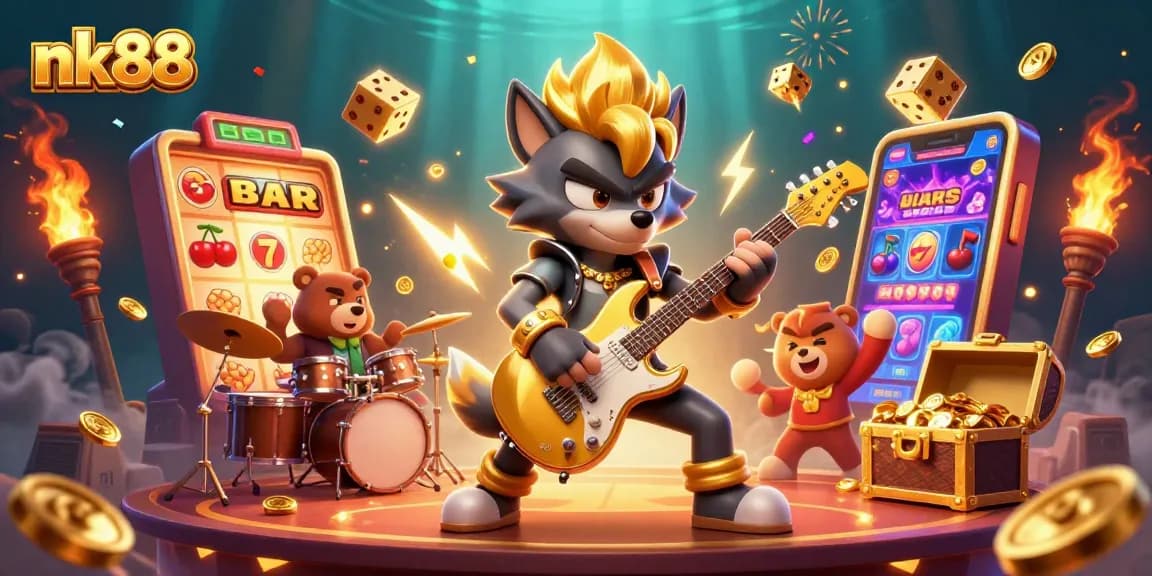 Experience thrilling gameplay on nk88 with a vibrant casino illustration featuring dynamic characters and slot machines.