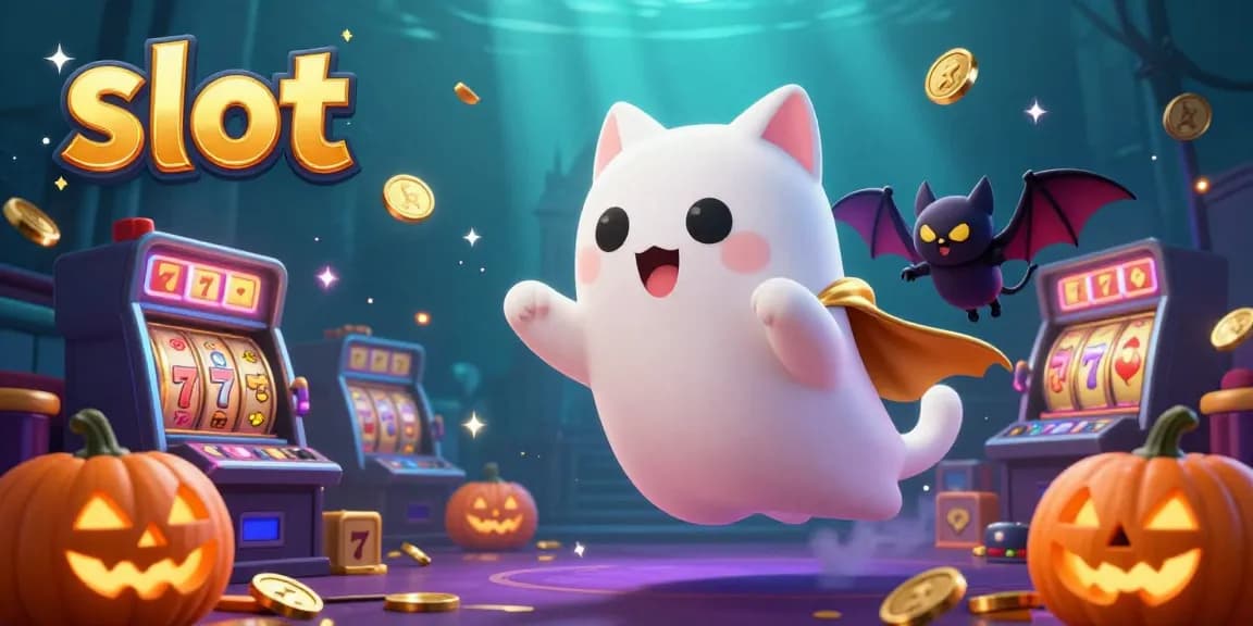 Spin the slot reels with the ghost cat and vampire bat in a vibrant, haunted casino scene.