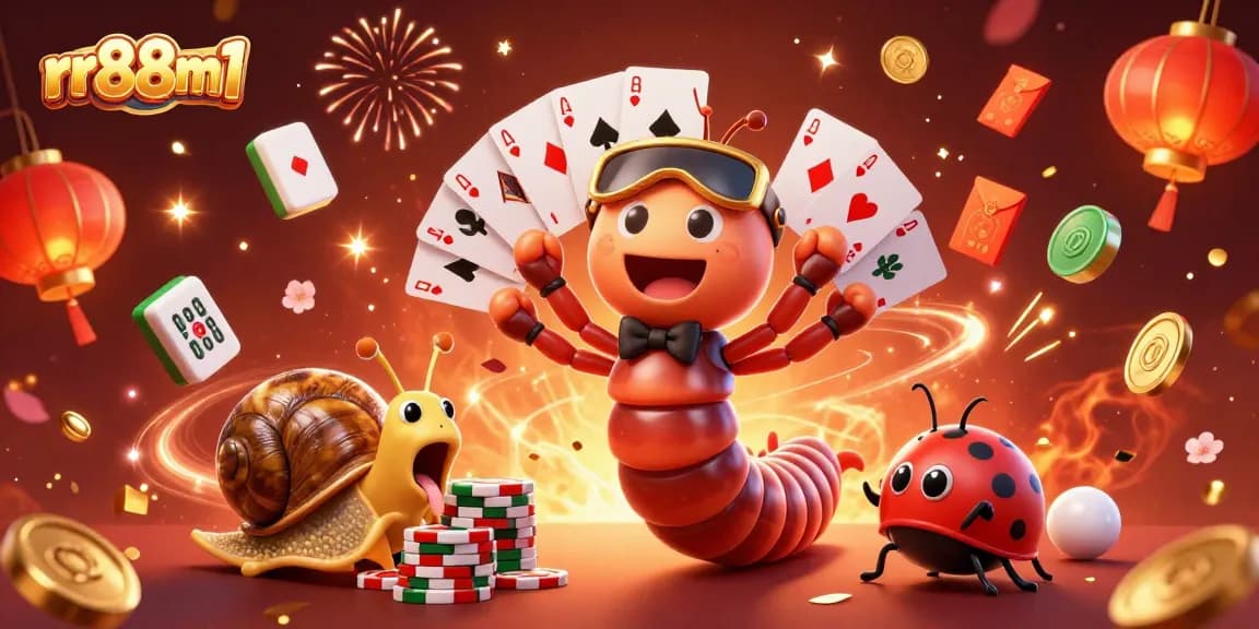 Vibrant rr88m1 casino scene showcasing a millipede dealer, high-roller snail, and joyfully excited pill bug, surrounded by festive gaming elements.