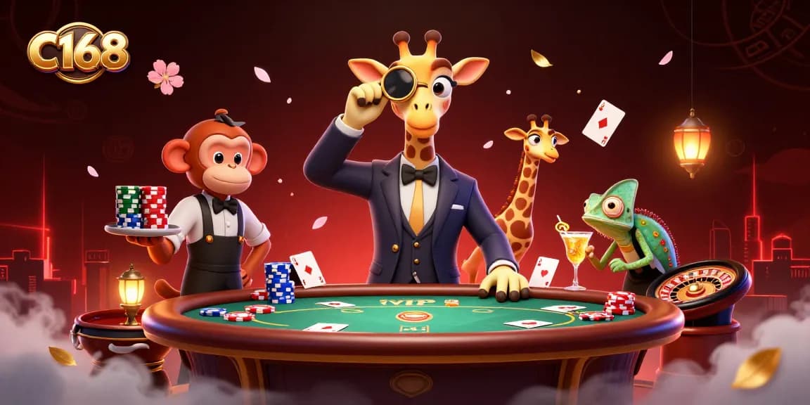 C168 showcases a high-roller giraffe at a vibrant poker table, epitomizing exhilarating casino adventure.
