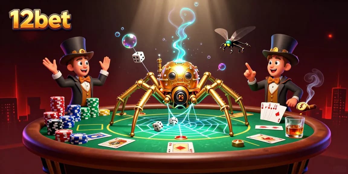 Khám phá cá cược 12bet với hình ảnh nhện vàng steampunk xây dựng mạng lưới ấn tượng.
