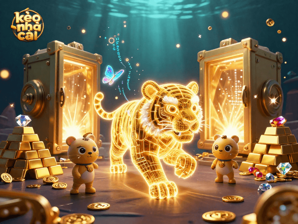 Experience kèo nhà cái with a vibrant 3D casino scene featuring a neon tiger and treasure elements.