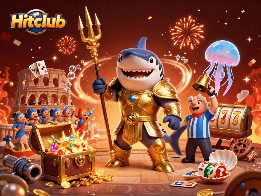 Experience excitement at Hitclub as a tiger shark battles surrounded by casino elements.