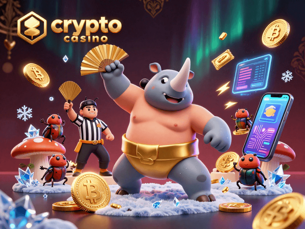 Experience dynamic action in a crypto casino scene with a beetle champion and Ethereum coins.