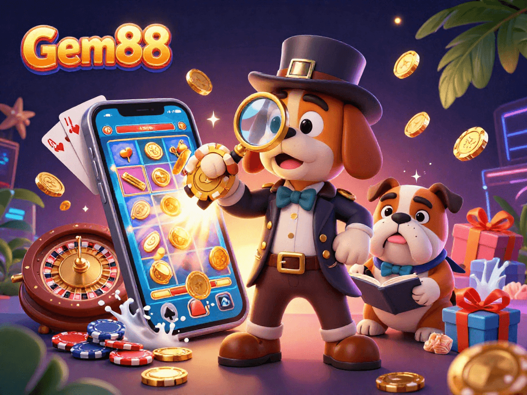 Win at Gem88 with a detective and dog uncovering casino treasures in an illustrated scene.