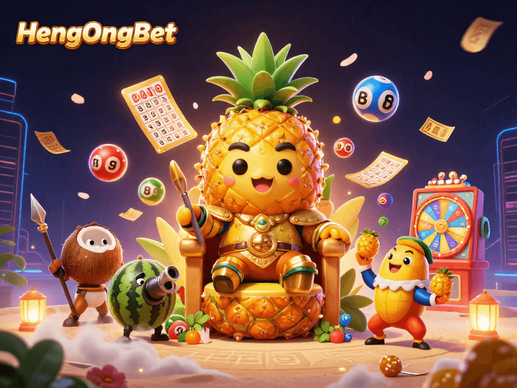 Engage in excitement with HengOngBet as the golden pineapple king rules a lively beach casino.