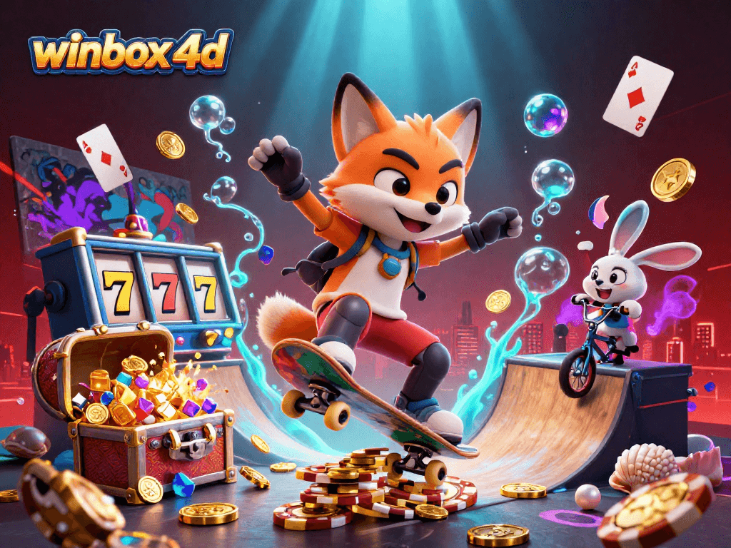 Experience exciting winbox 4d adventures with a skateboarding fox and BMX rabbit in a vibrant casino scene.