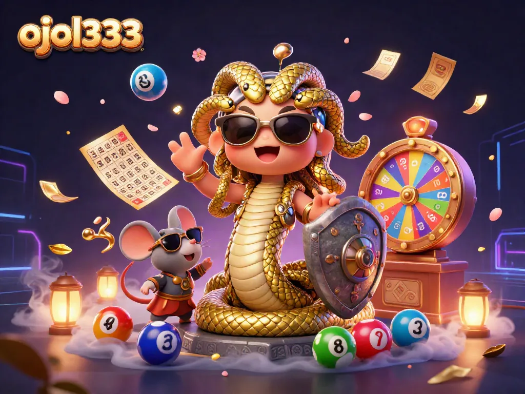 Engage in exciting gambling action with ojol333 amidst colorful lottery elements and vibrant characters.