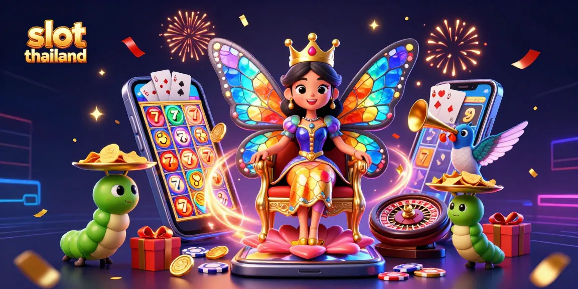 Experience slot thailand gaming with vibrant 3D illustration of a butterfly queen amidst chips, smartphones, and golden coins.