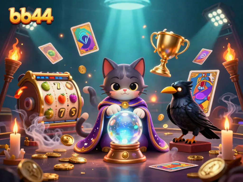 Engage with the bb44 mystical casino scene featuring a fortune teller and dynamic slot elements.