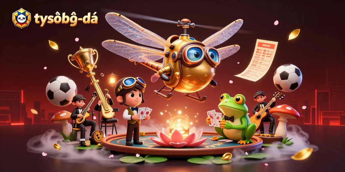 Bet on tỷ số bóng đá with a dynamic scene featuring a dragonfly pilot, frog croupier, and vibrant casino elements.