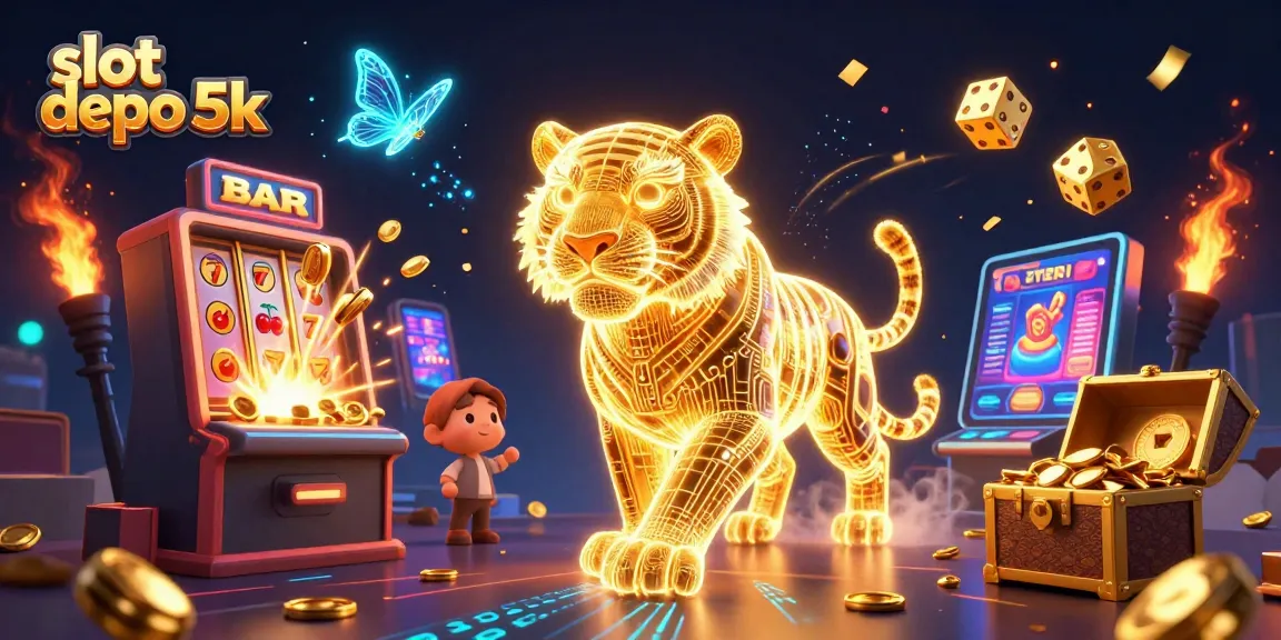 Experience the thrill of slot depo 5k with vibrant casino elements and a golden tiger in a dazzling digital landscape.