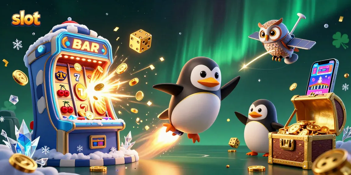 Spin the slot to win big with a playful golden penguin racing through a casino-themed space.