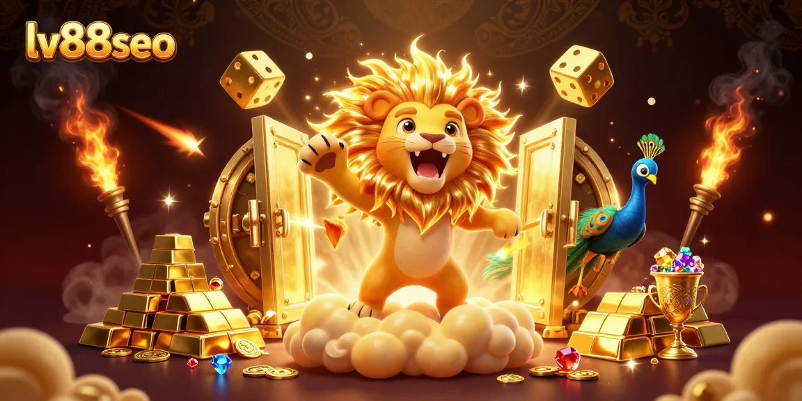 Experience thrilling gameplay with lv88seo showcasing a roaring lion amidst gold treasures in a vibrant casino atmosphere.