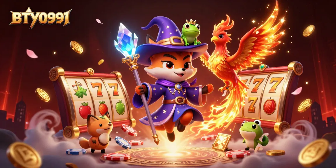 Experience the magic of BTY0991 with a dynamic illustration featuring a wizard fox, phoenix, and a rich casino atmosphere.