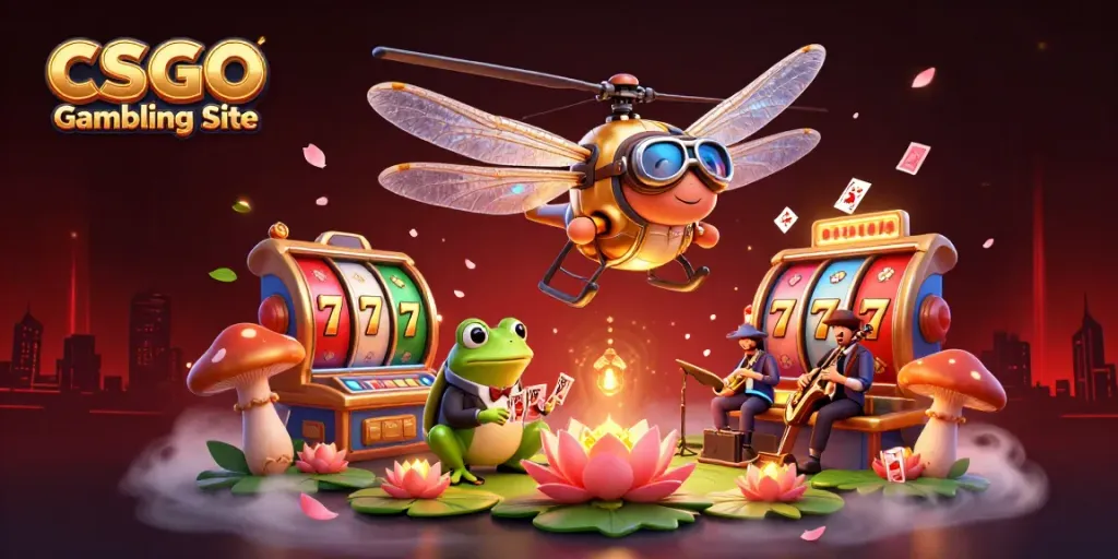 Experience thrilling gameplay at the CSGO Gambling Site with a lively dragonfly pilot and engaging frog croupier.