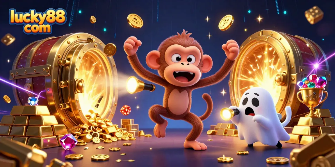 Engage with luck and excitement at lucky88 com's vibrant haunted casino illustration featuring a mischievous monkey.