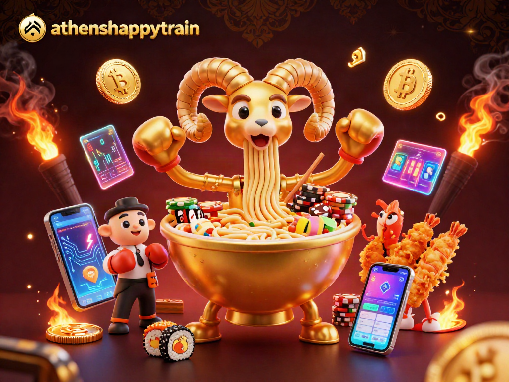 Engage with athenshappytrain's vibrant casino scene featuring a golden ramen bowl and crypto-themed elements.