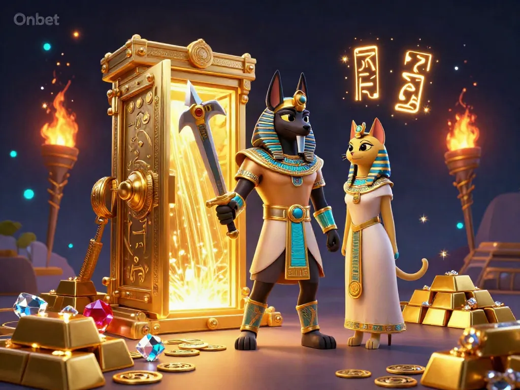 Engage in thrilling gameplay with Onbet featuring Anubis and treasure in a vibrant 3D casino scene.