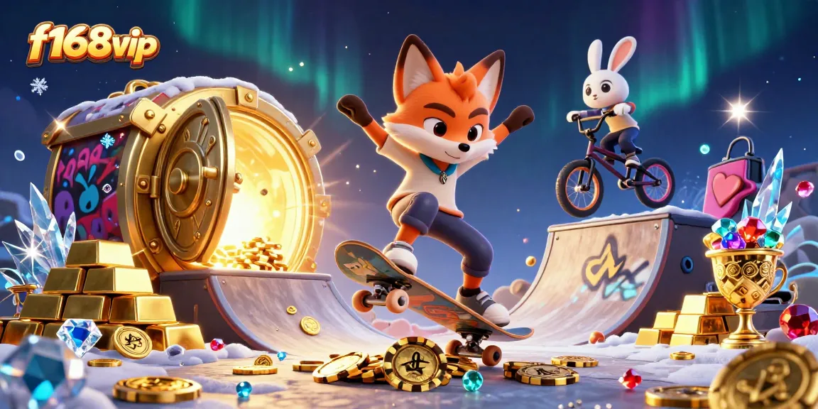 Experience thrills at f168vip with a skateboarder fox and BMX rabbit in a rich casino scene.